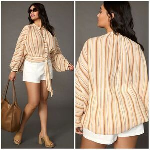 Anthropologie Tie Front Striped Blouse Size Small Long Sleeve Cotton Button Down